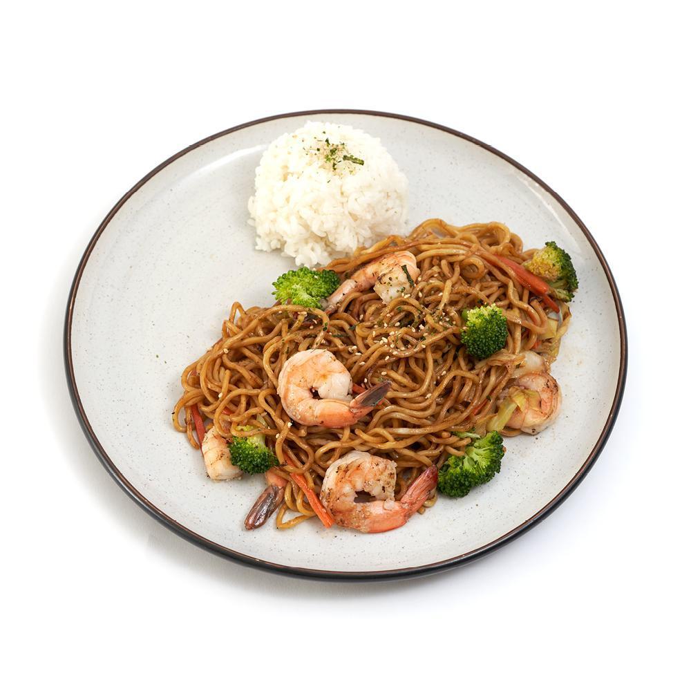 Shrimp Yakisoba · Japanese noodles wok-stirred with shrimp, veggies,
and traditional yakisoba sauce. Served with a
side of rice.