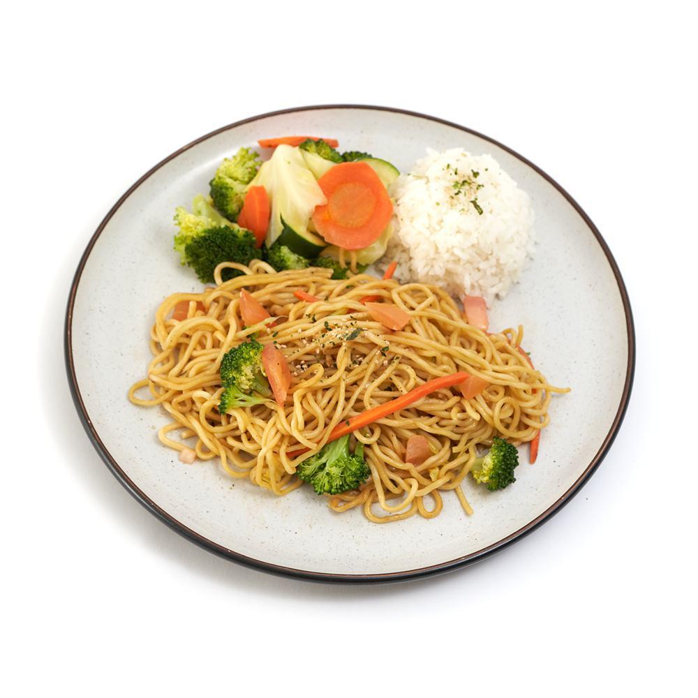 Veggie Butter Garlic Noodles · Japanese noodles wok-stirred with fresh veggies
and traditional butter garlic sauce. Served with a
side of rice.