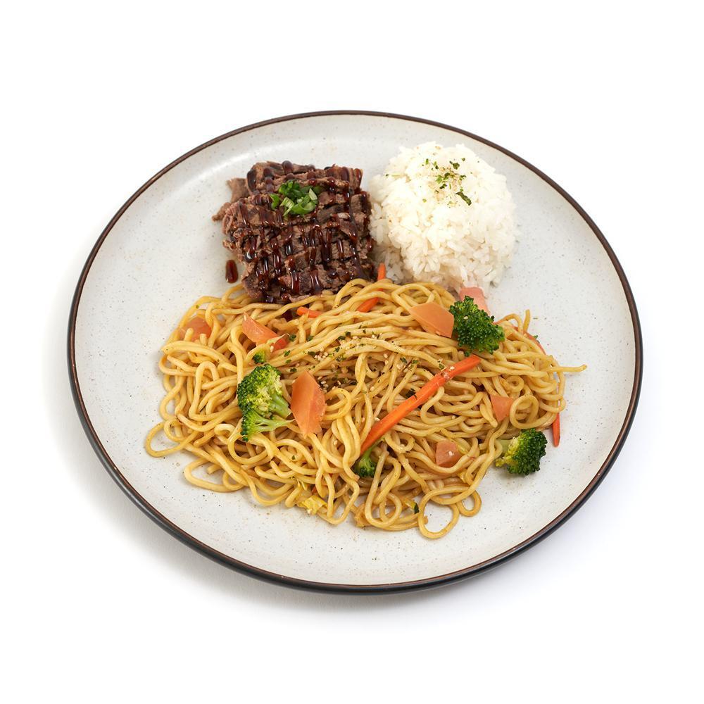Beef Butter Garlic Noodles · Japanese noodles wok-stirred with fresh veggies and traditional
butter garlic sauce. Served with teriyaki beef & a side of
rice.