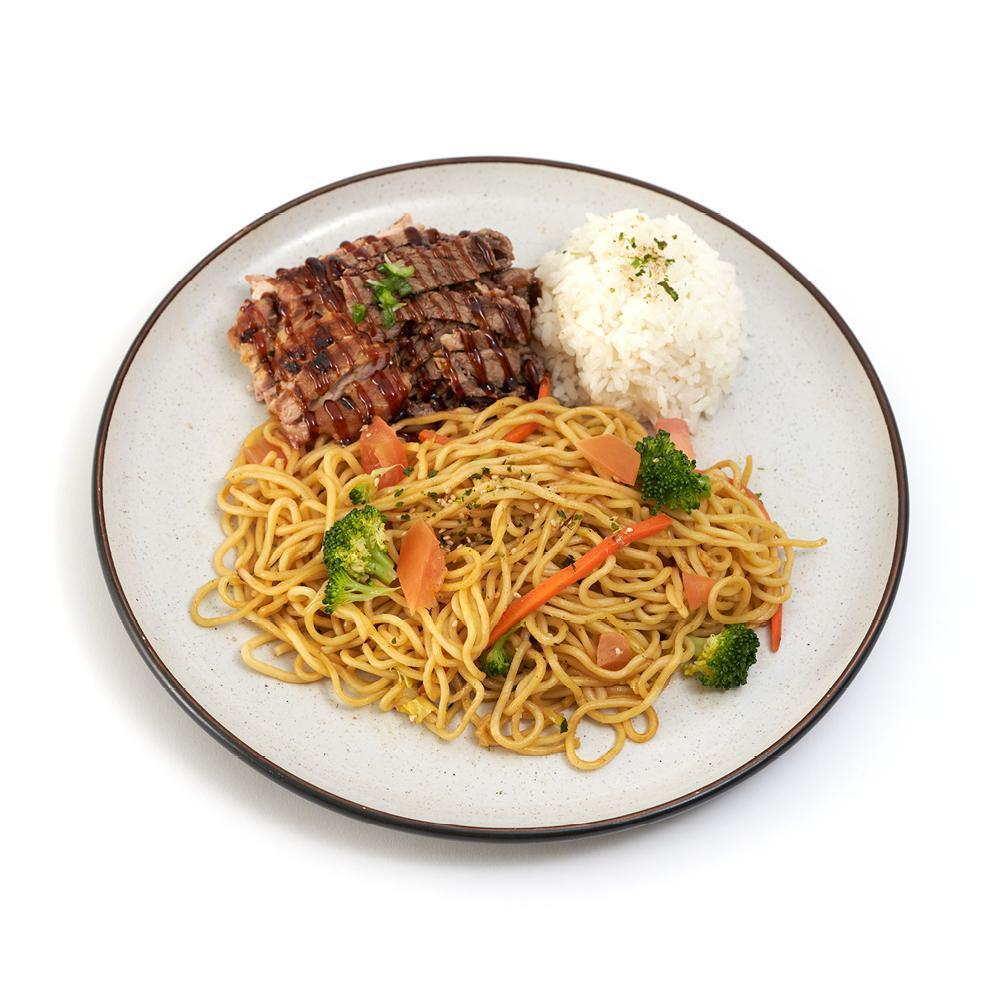 Chicken & Beef Butter Garlic Noodles · Japanese noodles wok-stirred with fresh veggies
and traditional butter garlic sauce. Served with teriyaki
chicken & beef & a side of rice.