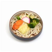 Veggie Udon · Thick white udon in fish broth soup.