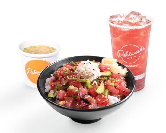 Poke Your Way Combo - Regular (Drink + Miso Soup or Kettle Chips) · Two proteins with your choice of base, mix-ins, toppings, and flavor