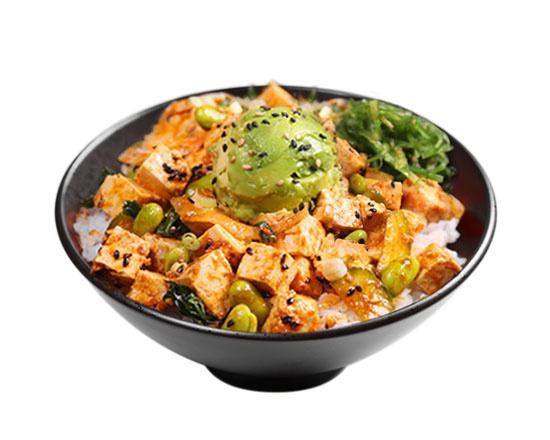 Sweet Shoyu Tofu (v) · Organic firm tofu, cucumber, sweet onion, blanched kale, edamame, Sweet Shoyu flavor, avocado, green onion, seaweed salad, sesame seeds