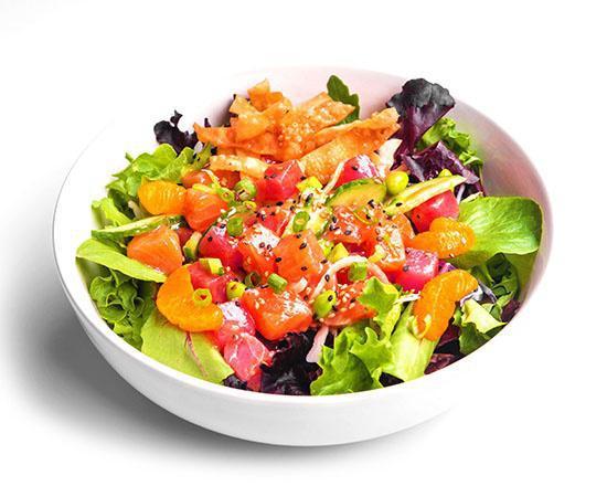 Poke Salad - Regular (2 Proteins) · Two proteins with your choice of mix ins, toppings, and flavor with fresh romaine and spring mix