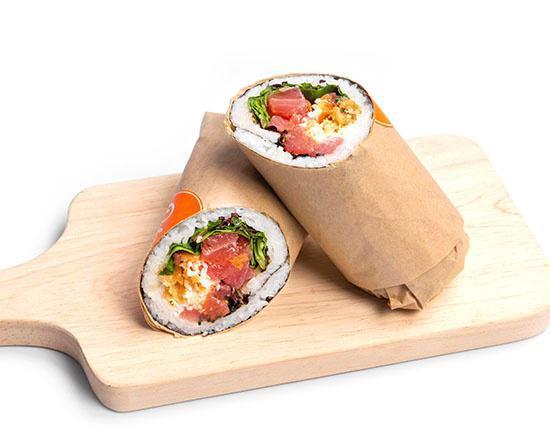 Poke Burrito - Regular (2 Proteins) · Your choice of 2 proteins, mix-ins, toppings, and flavor wrapped with white rice and roasted seaweed.