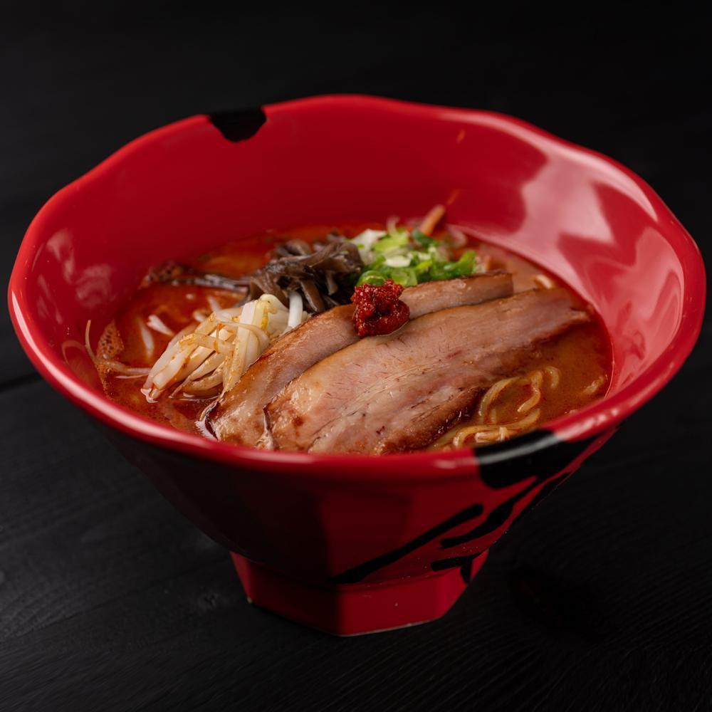 Tonkotsu spicy  · pork broth : pork chashu, spicy bean sprouts, kikurage, green onion, spicy sauce , served with thick noodles. choose our spicy level, mild, spicy or hot.