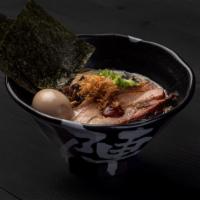 JINYA Tonkotsu Black Ramen · Pork broth: pork chashu, kikurage, green onion, nori dried seaweed, seasoned egg, garlic chi...