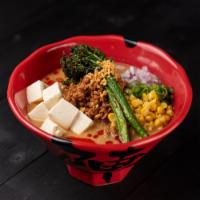 Flying Vegan Harvest · Vegan miso broth: soy meat, tofu, bean sprouts, broccolini, green onion, corn, red onion, cr...