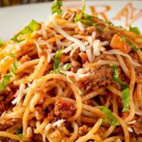 Spaghetti Bolognese · Ground beef & pork, red wine marinara

