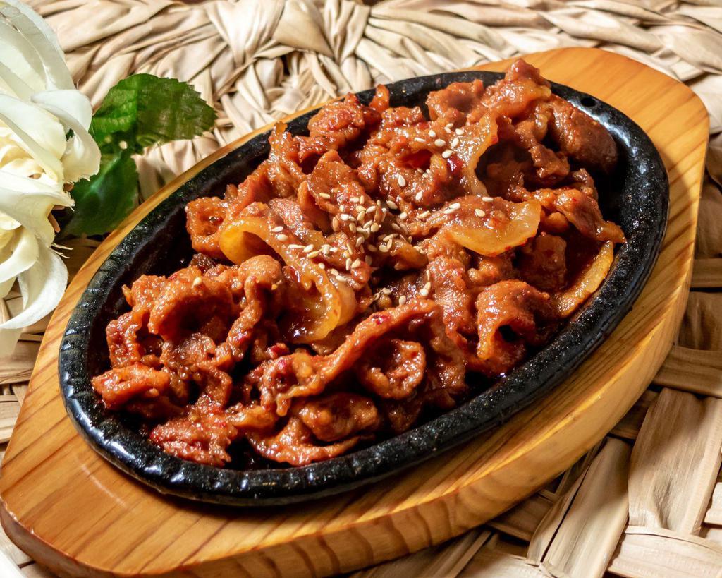 Spicy Pork Entree · Thinly sliced grilled pork belly marinated in spicy Korean miso.
