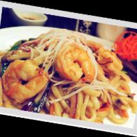 Yaki Udon · Japanese udon noodle pan fried with shrimp, crab sticks, fish cake and seasoned vegetable. S...