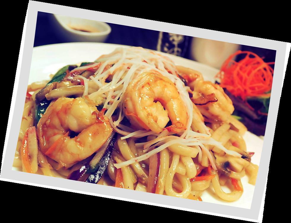 Yaki Udon · Japanese udon noodle pan fried with shrimp, crab sticks, fish cake and seasoned vegetable. Served with house salad and suimono soup.