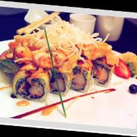 Rock Shrimp Roll · Eel, cucumber, crabmeat inside with avocado, strawberry and tempura rock shrimp on top with ...