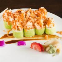 Ginger Scallop Roll · Baked seasoned scallop on blue crabmeat, ginger, cucumber, soy bean paper wrap, spicy aioli ...
