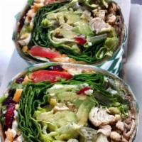 Chicken Wrap · Chicken, avocado, tomatoes, onions, cucumbers, goat cheese, dried cranberries, romaine lettu...