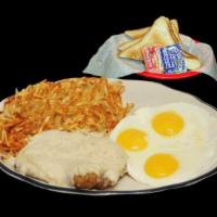Chicken Fried Steak and Eggs Breakfast · Chicken fried steak with country gravy, three eggs cooked to order, hash browns and buttered...