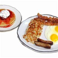 Strawberry Delight Breakfast · 2 eggs cooked to order, bacon, and sausage, hash browns and hotcakes served with warm strawb...