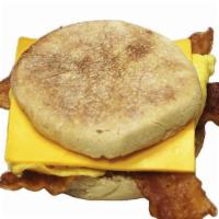  Bacon, Egg & Cheese Muffin · Buttered English muffin, egg, American cheese, and bacon.