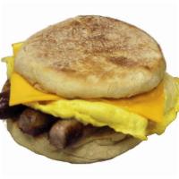  Sausage, Egg & Cheese Muffin · Buttered English muffin, egg, American cheese, and sausage.