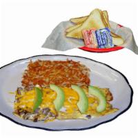 Steak and Avocado Omelette · 3 egg omelette with grilled steak, mushrooms, grilled onions, cheese and avocado. Hash brown...