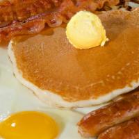 #3 Hotcake Special · Three old-fashioned buttermilk hotcakes, two eggs cooked to order, and bacon or sausage.