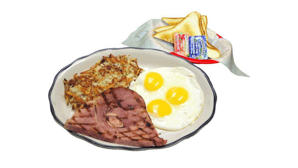#8 Ham and Eggs · Grilled ham steak, 3 eggs cooked to order, hash browns and buttered toast with jelly.