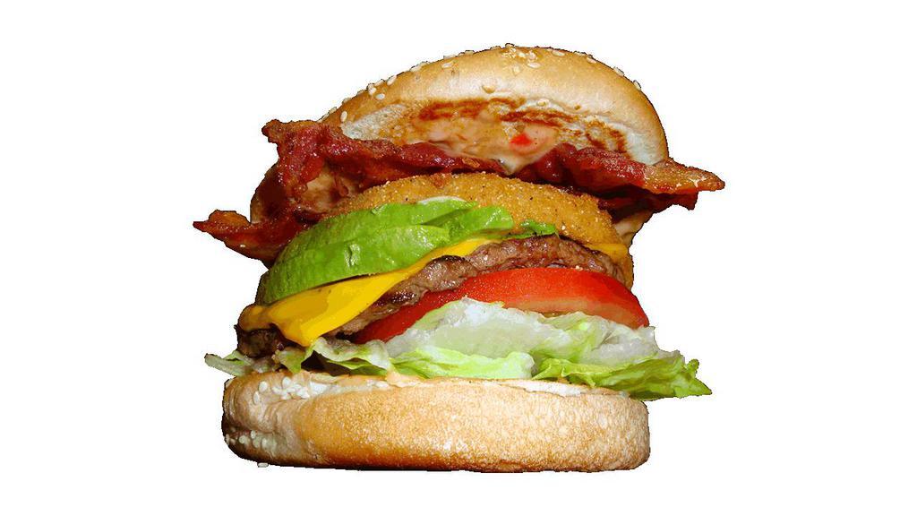 Bacon Avocado Cheeseburger · ¼ lb. patty and cheese with bacon, avocado, 1000 Islands dressing, lettuce, tomato and onion rings.