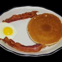  Kids Hotcake Breakfast · One buttermilk hotcake, one egg cooked to order, and two pieces of bacon or sausage..