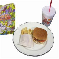  Kids Jr. Cheeseburger · Jr. patty, cheese, lettuce, tomato, onion & 1000 Islands dressing. Includes French fries, a ...