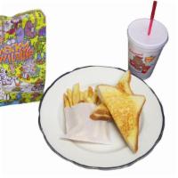 Kids  Grilled Cheese · Grilled white bread and American cheese, French fries, a drink and a fun toy.