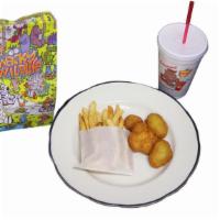 Kids Chicken Nuggets · Four chicken nuggets, French fries, a drink and a fun toy.