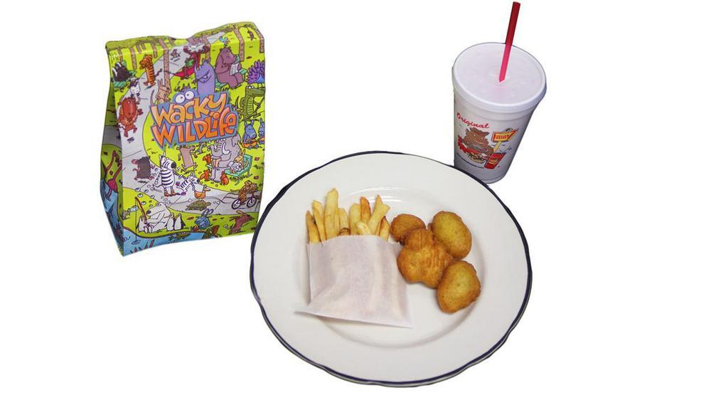 Kids Chicken Nuggets · Four chicken nuggets, French fries, a drink and a fun toy.