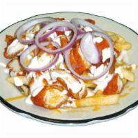 Buffalo Chicken Fries · Prepared with chicken tenders dipped in Buffalo sauce, with cheese, Ranch and red onion.
