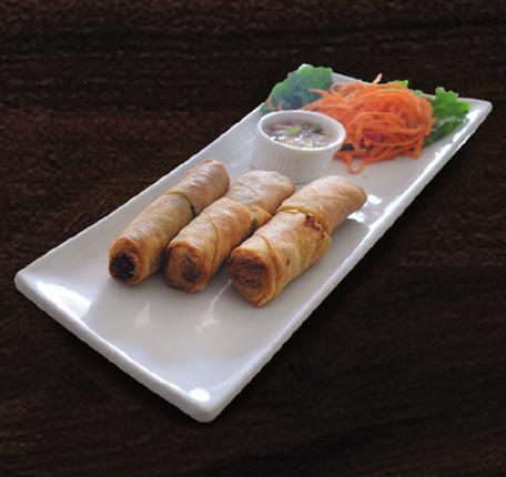 Egg Rolls · Fried rolls stuffed with bean thread noodles, mushrooms, cabbage and carrots.