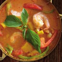 Mango Curry with Shrimp · Mango and shrimp with curry sauce, bell peppers, basil, and cashew nuts. Medium spicy.