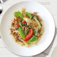 Basil Stir Fry · Choice of meat stir-fried with fresh ground chili and garlic, bell peppers, onions and basil...
