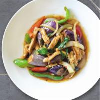 Eggplant Stir-Fry · Choice of meat stir-fried with eggplant, bell peppers, onions, basil leaves with a touch of ...