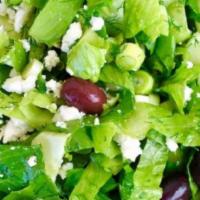 marouli salad  · green salad with Romaine harts, scallions, dill, feta cheese and olives.