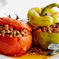 Yemista · Stuffed peppers with ground beef, rice.
