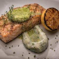 CHARGRILLED SALMON (GF) · Served with lemon dill butter
and cauliflower mousse