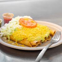 3 Piece Rolled Tacos Special ·  Served with guacamole, lettuce, cheese, rice, and beans.