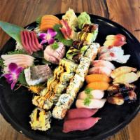 44. Koy Royalt Combo · 30 pieces sashimi (chef’s choice), 16 pieces nigiri, 8 spicy tuna rolls, 8 Dynamite rolls, a...