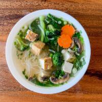 105. Pho Rau Cai · Pho with fried tofu, mushrooms, broccoli, napa cabbage, and yu choy in veggie broth.