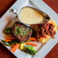 Filet Mignon  · Tender Filet served with creamy Blue Cheese sauce, seasonal vegetables, and a side of angel ...