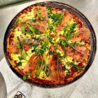 Prosciutto Pizza · Mozzarella cheese, thinly sliced prosciutto, and fresh arugula