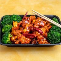 General Tso's · Crispy chunks of chicken sauteed with steamed broccoli in a special tangy sauce. Hot and spi...