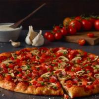 Italian Garlic Supreme Pizza · Pepperoni, Italian sausage, tomatoes, mushrooms, green onions and lots of garlic on creamy g...