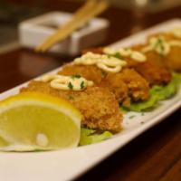 5 Pieces Fried Oysters · Panko breaded deep fried oysters. Served with Japanese mayonnaise.