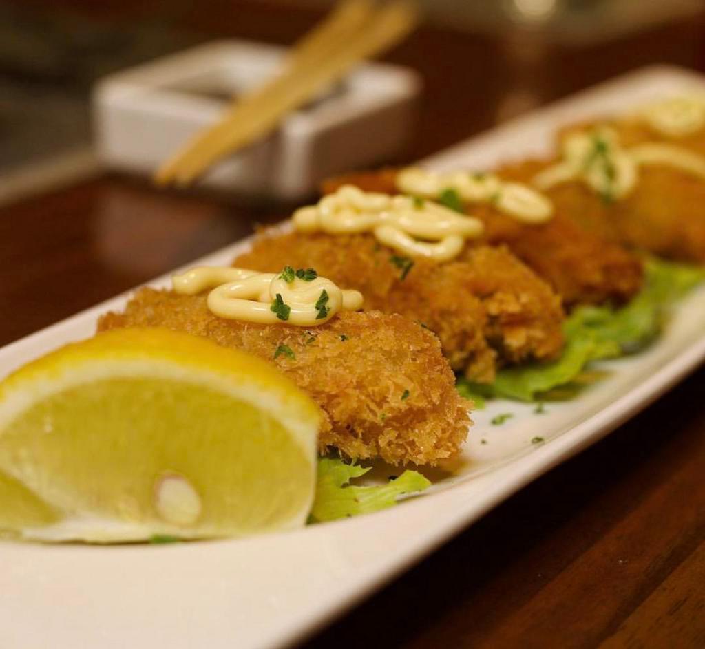 5 Pieces Fried Oysters · Panko breaded deep fried oysters. Served with Japanese mayonnaise.