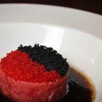Nami Tartare · Choice of salmon, tuna or yellow tail in a Japanese yuzu black pepper sauce and tobiko.